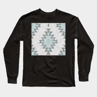 Aqua And Grey Kilim - Linen Texture Long Sleeve T-Shirt